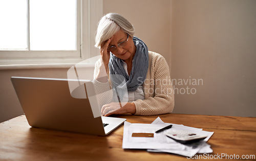 Image of Senior woman, stress and laptop for bankruptcy in home, worry and paperwork for tax return or insurance. Elderly female person, frustrated and document for retirement plan, fail and mistake in budget