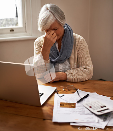 Image of Senior woman, stress and laptop for eye strain in home, worry and paperwork for tax return or insurance. Elderly female person, frustrated and documents for bankruptcy, fail and mistake in budget