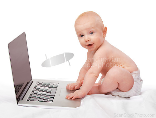 Image of Baby, laptop and studio for entertainment, fun and games in child development and progressive technology. Infant, happy and toddler for home, diaper and white background for playful and portrait