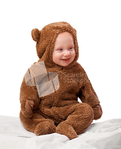 Image of Studio, baby and onesie with costume, bear and toddler with joy and fun. Child, newborn and happiness with adorable, comfort and dressed up infant for development isolated on white background