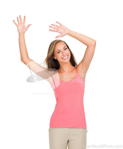 Image of Smile, portrait and woman with dance in studio for success, celebration and giveaway winner. Female person, excited and face with happiness for promotion, bonus or discount on white background