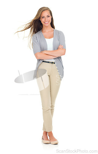 Image of Portrait, fashion or happy woman in studio with style, confidence or positive attitude on white background. Smile, clothes or cheerful female model proud in cool, trendy or comfortable outfit choice