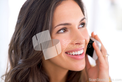 Image of Woman, phone call and communication with contact, smile and chat with connectivity, technology and mobile user. Good news, information and happy conversation, smartphone and network with positivity