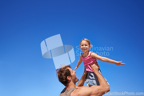 Image of Fly, father and girl with happiness, airplane and weekend with family, sky background and smile. Outdoor, nature and dad carrying daughter with wellness and energy with summer, freedom and vacation