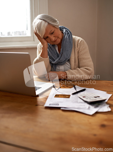 Image of Senior woman, stress and laptop for inflation in home, worry and paperwork for tax return or insurance. Elderly female person, frustrated and documents for bankruptcy, fail and mistake in budget