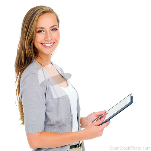 Image of Business, tablet and portrait of happy woman in studio with online, chat or web communication on white background. Digital, search and female entrepreneur with client feedback, review or checking faq