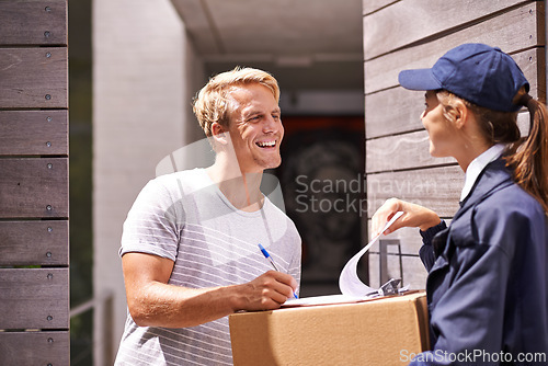 Image of Delivery, courier and man sign documents, forms and application for package, parcel and box. Online shopping, ecommerce and people with paperwork for shipping, supply chain and distribution in home