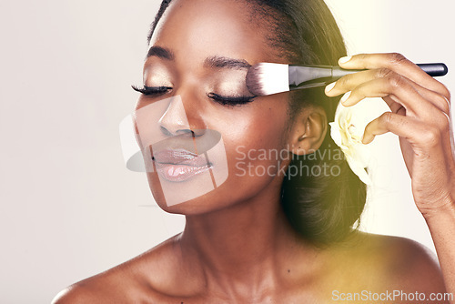 Image of Brush, makeup and face of black woman on a white background for wellness, beauty and cosmetics. Cosmetology, skincare and girl with tools for cosmetic application, eyeshadow and products in studio