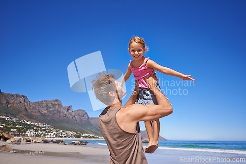 Image of Love, airplane and father lifting child at a beach for travel, fun or bonding in nature together. Freedom, support and dad embrace girl at sea for morning games, playing or adventure in South Africa