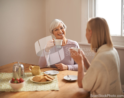 Image of Happy, grandmother and tea in home with woman at brunch bonding on visit in retirement. Senior, grandma and girl on coffee break with food, conversation and relax on holiday or vacation in morning