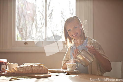 Image of Pouring, tea and portrait of woman in home with calm routine, morning and drink on table. Girl, relax and coffee break with food, bread or teapot for breakfast preparation on holiday or vacation