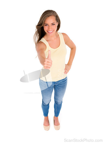 Image of Woman, smile and thumbs up for agreement, success or approval in studio with isolated white background. Top view, hand gesture and female model for like emoji, yes sign and confirmation on mockup.