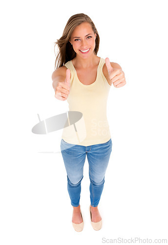 Image of Thumbs up, smile and woman for motivation, success or approval in studio with isolated white background. Top view, hand gesture and female person for agreement, like emoji and yes sign on mockup.