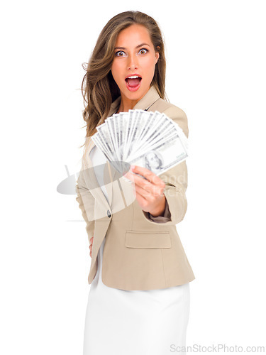 Image of Cash, fan and portrait of woman with surprise for money on studio, white background and mockup. Professional, person and dollars in hand for winning bonus, giveaway or financial success on investment
