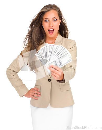 Image of Money, fan and portrait of woman with surprise for cash on studio, white background and mockup. Professional, person and dollars in hand for winning bonus, giveaway or financial success on investment