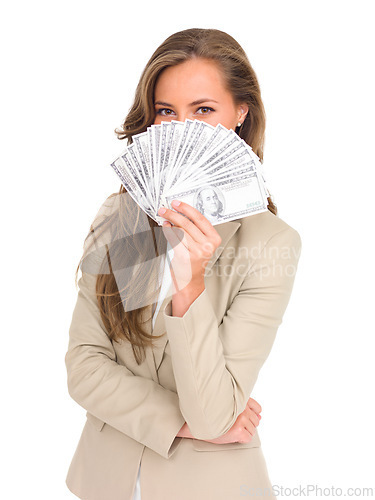 Image of Cash, fan and woman hide face with money on studio, white background and lottery mockup. Professional, person and dollars in hand from giveaway, profit or savings from financial success or investment