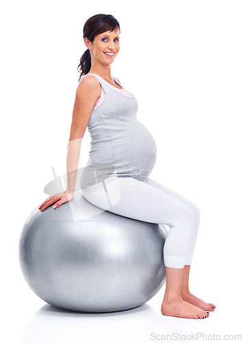 Image of Maternal woman, ball and studio for portrait trimester, wellness and exercise for motherhood. Pregnant female person, workout and white background for health, fitness and pregnancy to keep in shape