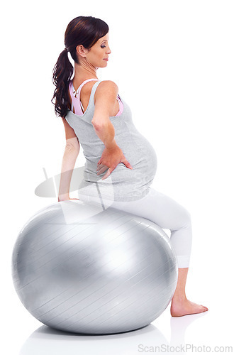 Image of Woman, pregnant and mother with ball for fitness, exercise and training in pregnancy on white background. Female person, expectant mom and model on pilates sphere for wellness, health and yoga