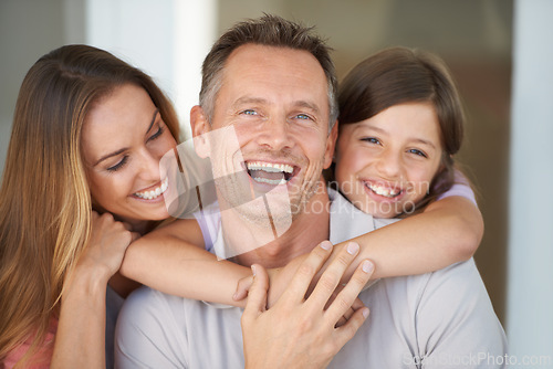 Image of Mom, dad and girl in portrait in home, relax care and happy bonding together in family house. Mother, father and daughter with smile, love and weekend fun with support for man, woman and child