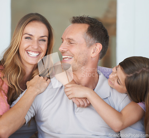 Image of Parents, girl child and portrait on patio with hug, care and love with dad with smile at family house. Father, mother and daughter with embrace, connection and happy to relax together in backyard
