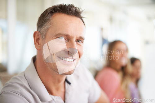 Image of Smile, portrait and man on sofa to relax in family home for weekend leisure, bonding and free time. Calm father, mother and child on couch for holiday, wellness and face of happy dad in living room.