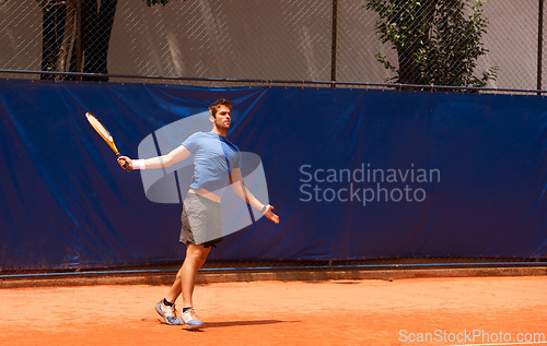 Image of Man, play and court for tennis match, training and tournament for competition or lifestyle. Male person, professional and game for practice or fitness for championship, recreation and racket sport