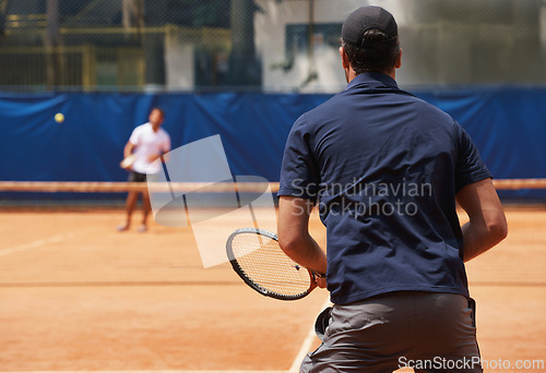 Image of Fitness, sports and tennis with man on court for competition, game or match in summer from back. Coaching, exercise or training with athlete person and rival outdoor on clay for healthy hobby