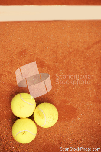 Image of Fitness, tennis and balls on court closeup from above for start of competition, game or match. Sports, mockup or space on ground at stadium or venue, ready for club of championship tournament