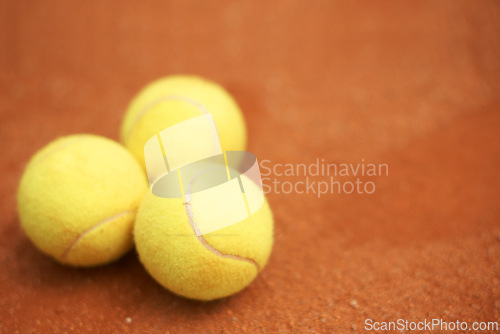 Image of Sports, tennis and balls on court closeup from above for start of competition, game or match. Fitness, mockup or space on ground at stadium or venue, ready for start of championship tournament