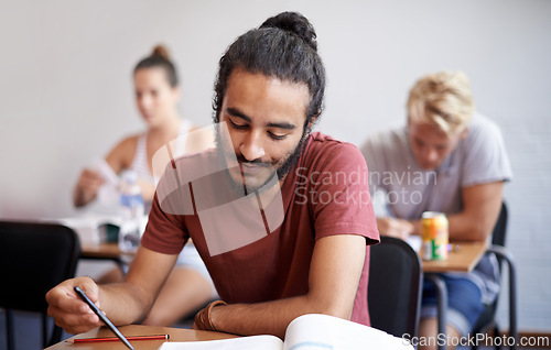 Image of Man, students and classroom with studying for test, answer and solution with education, problem solving and ideas. Person, learning and assessment with books, pen and happy for development at college