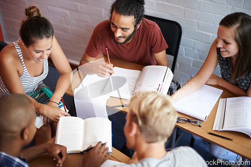 Image of Studying, university and students with book, research and planning for a project and education. Group, college and friends with ideas and brainstorming with teamwork and support with revision session