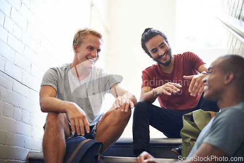 Image of University, stairs and students with laughing, backpack and smile together as friends, classmates and conversation. Campus, school and men in course for education with scholarship, relax and people