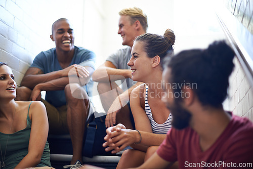 Image of Group, stairs and students with conversation, brainstorming and relaxing with education and friends. Men, women and people with diversity and knowledge with planning and college with lunch break