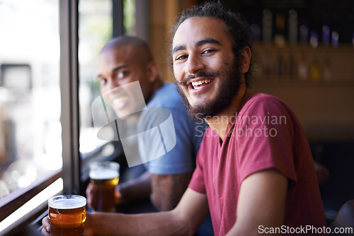 Image of Friends, beer and chill in portrait, smile and relax indoor for fun and bonding in summer to destress. Male people, pub and man for social, guys and alcohol drink together and laughing on weekend.