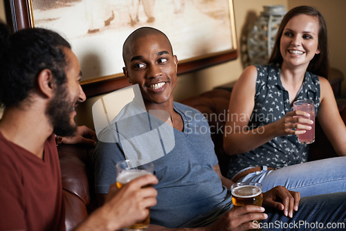 Image of Friends, beer and drinks at pub, smile and relax indoor for glass and bonding in summer to diverse. Male people, bar and chill for social, guys and alcohol together and laughing for fun and weekend.