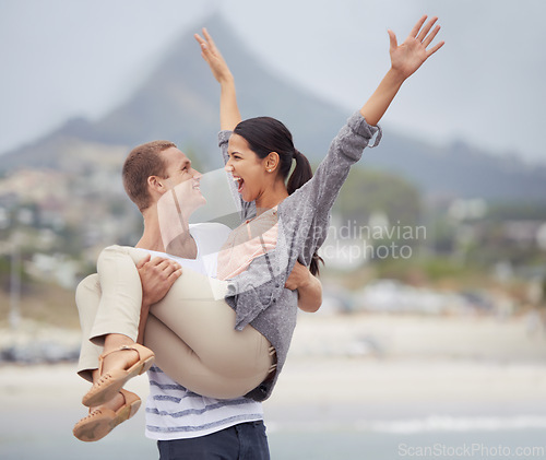 Image of Freedom, excited and man carrying woman in road with smile, happiness and celebration for vacation in Mexico. Street, couple and happy with love in city for travel, holiday and adventure on date