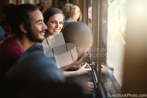 Image of Smile, happy and friends at window of coffee shop together for bonding or conversation on weekend. Relax, summer or table with group of young men and women talking in cafe or restaurant for time off