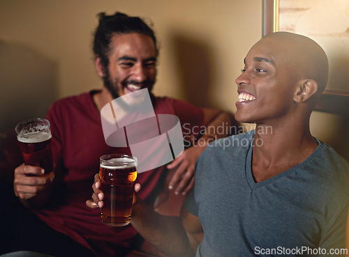 Image of Friends, beer and pub for funny, smile and relax indoor for fun and bonding in summer to destress. Male people, bar and chill for social, guys and alcohol together and laughing for fun and weekend.