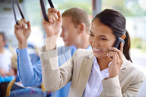 Image of Business people, transport and phone call on bus, smile and hand strap for urban commute. Technology, communicating and cellphone for entrepreneur, professional and employee and happy while traveling