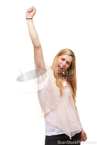 Image of Woman, goals and fist for portrait in studio with success, winner or happy by white background. Person, girl and smile for celebration, cheers or excited for achievement, giveaway or prize in contest