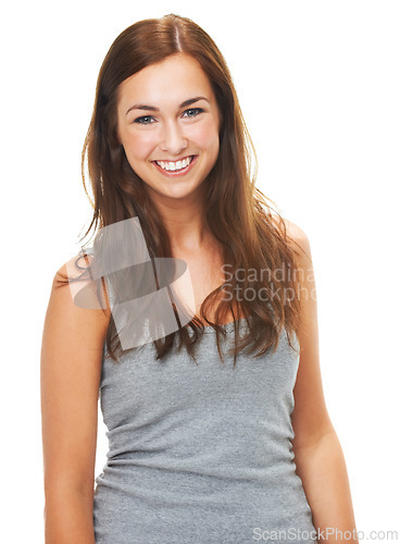 Image of Casual, fashion and portrait of woman with smile in studio, white background and mock up space. Cool, style and girl with happiness in outfit for college or university with pride and confidence