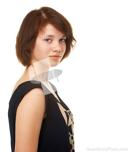 Image of Serious, teenager and portrait of girl in studio, white background or mock up with fashion. Cool, style and young student with confidence and pride in creative outfit for school with trendy clothes