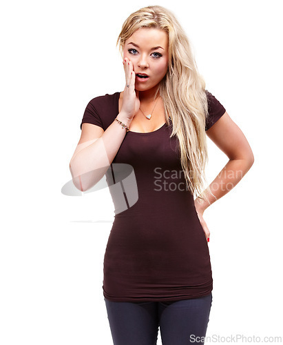 Image of Woman, wow and shock in studio with portrait for news, information and story by white background. Girl, person and model with surprise, gasp and fashion with trendy clothes, announcement or mistake