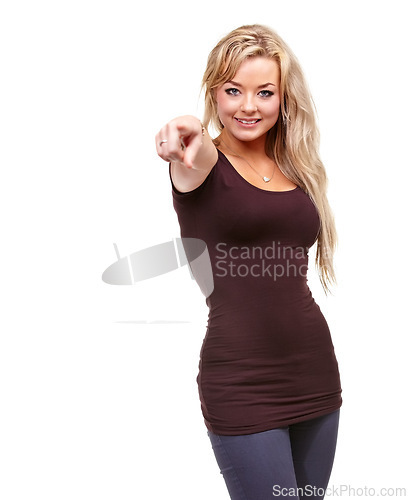 Image of Woman, studio and point at you with smile for choice, recruitment or portrait by white background. Person, hand or sign for decision, like or onboarding in fashion, hiring or call to action in Berlin