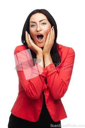 Image of Portrait, woman with surprise or shock in studio, reaction and facial expression for news or announcement. Winner with open mouth, OMG and hands on face for success or achievement on white background