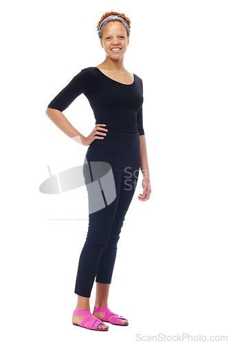 Image of Woman, confidence and portrait with fashion in studio, white background and mockup or artist with happiness. Casual, style or person with creative outfit with trendy clothes for university or college