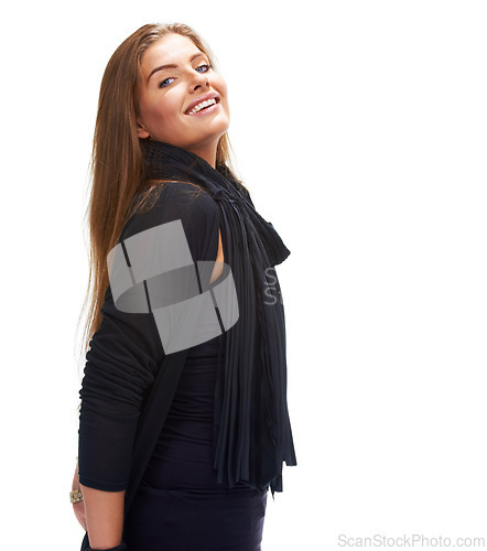 Image of Fashion, Portrait and woman with style, modern and casual clothing in studio with isolated background. Face, happy and smile of female model for confidence, trendy and elegant outfit by mockup space.