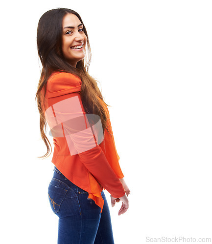 Image of Happy woman, portrait and trendy fashion in studio and excited for creative studies by white background. Israel student, positive face and style jacket for gen z aesthetic and education in mockup