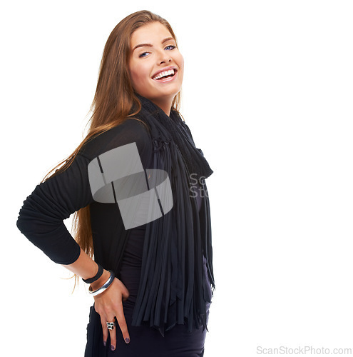 Image of Woman, fashion and smile for portrait of trendy style, elegant clothing and positivity in studio with white background. Happiness, pride and face of model for confidence, success and satisfaction.