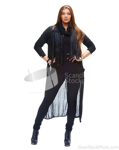 Image of Fashion, confidence and portrait of woman for stylish, trendy and casual clothing with isolated white background. Serious, pose and face of model in studio for pride, elegant and cool outfit.